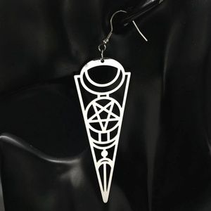 Long Silver Pentagram Earrings